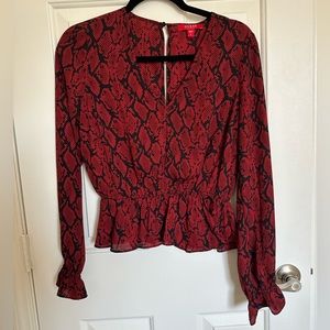 Guess Red Animal Print Long Sleeve Scrunch V Blouse- Small Size